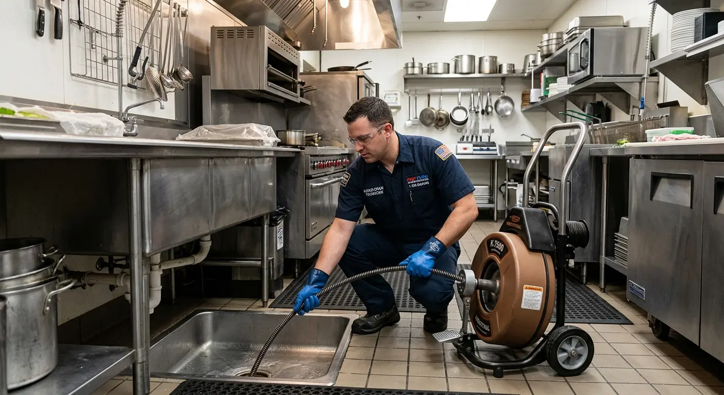 Commercial drain cleaning service in a restaurant kitchen in Santa Monica