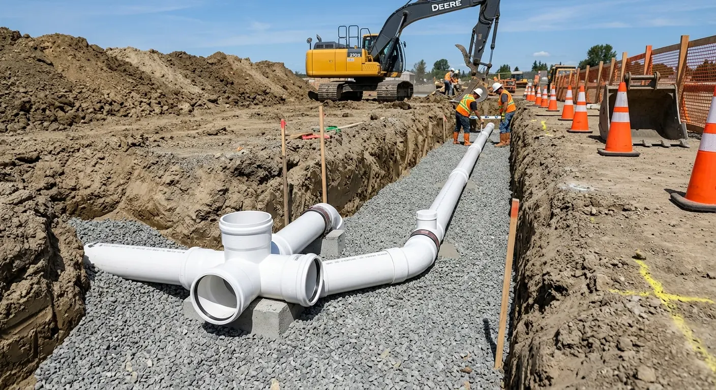 New PVC sewer pipe installation in open trench for Sewer Backup in Santa Monica