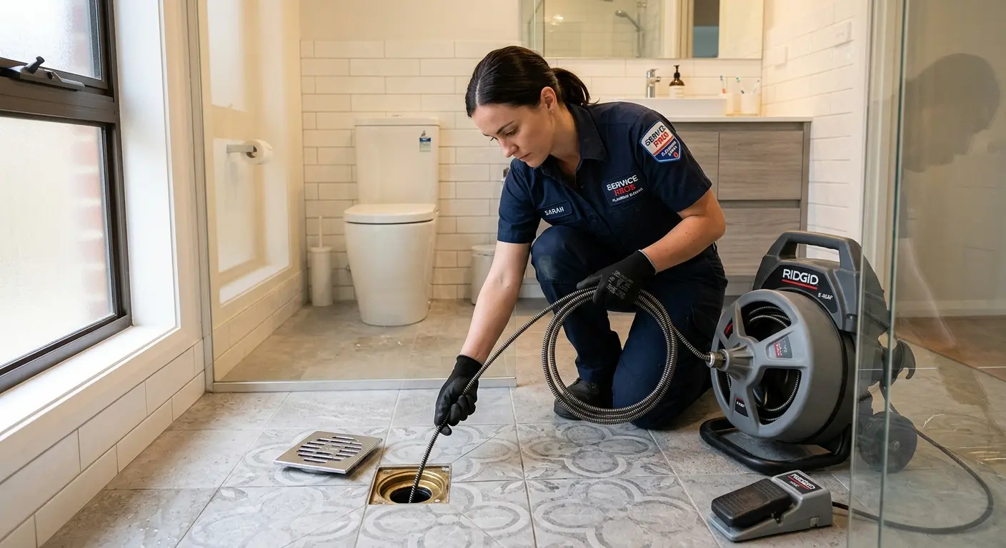 Technician clearing a bathroom floor drain for Sewer Line Replacement in Santa Monica